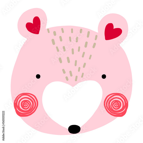 Illustration of the face of a teddy bear with the muzzle and ears like a heart, Valentine's illustration. Vector drawing
