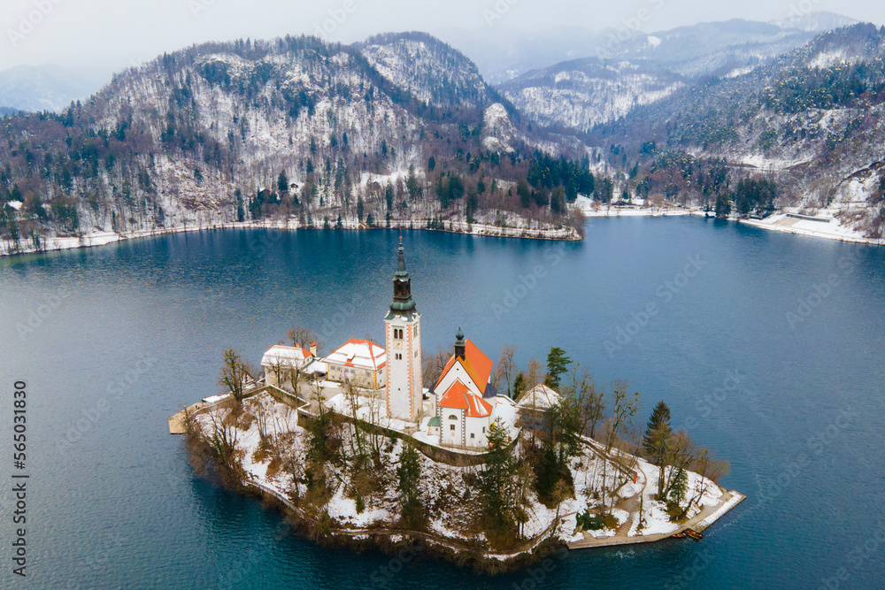 Aerial view of winter Bled lake, natural landscape of Slovenia