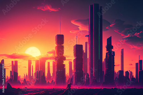 Retrofuturistic urban skyline at sunset . Synthwave style.    Digitally generated AI image