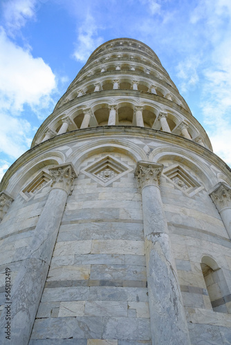 leaning tower of Pisa from beneath across the blue sky. Travel to Tuscany  Italy. 