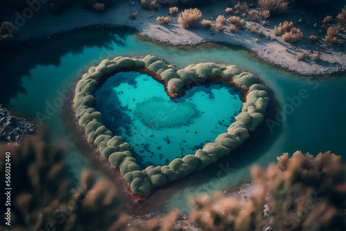 Heart shaped island of lovers with tropical vegetation aerial view. Honeymoon wedding concept. Generative AI technology.