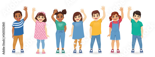 Smiling kids boys and girls waving hands set isolated vector illustration. Multiethnic little children.