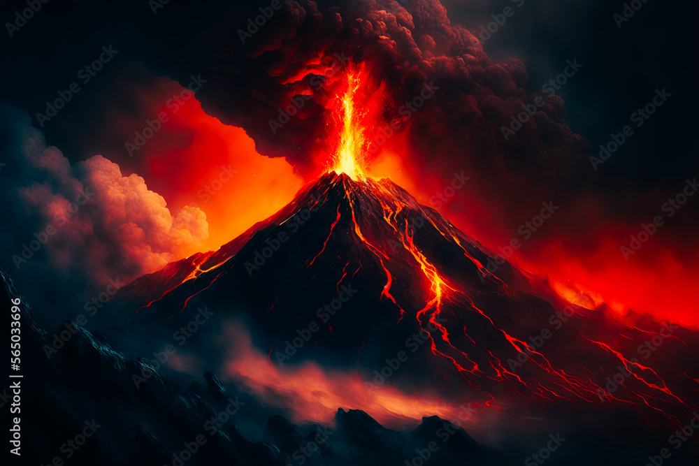 A close-up of the erupting volcano