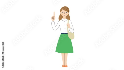 指差しポーズで話す若い女性