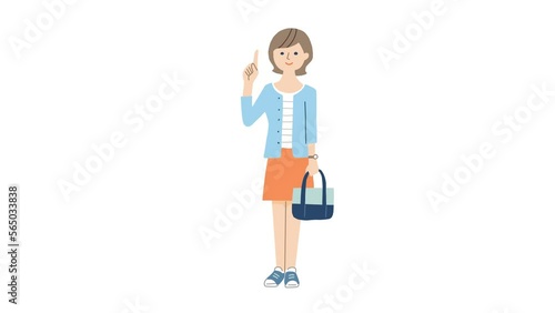 指差しポーズで話す若い女性