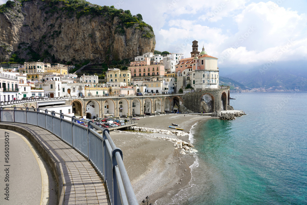 Beautiful view of promenade to Atrani village on Amalfi Coast, Italy