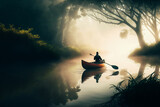 A photo of a solo canoeist, paddling down a misty river