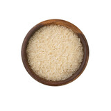 Raw rice on a wooden bowl isolated over white background