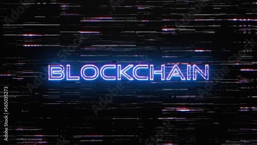 Animation text of Block Chain glitch blue neon text  effect with silver flash flickering light loop cinematic title animationn backgroud 4K 3D isolated seamless loop START glitch text effect element. photo