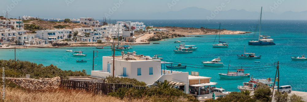 Panoramic view of boats at anchor in the bay off Koufonisia, Greek Island in the Little Cyclades