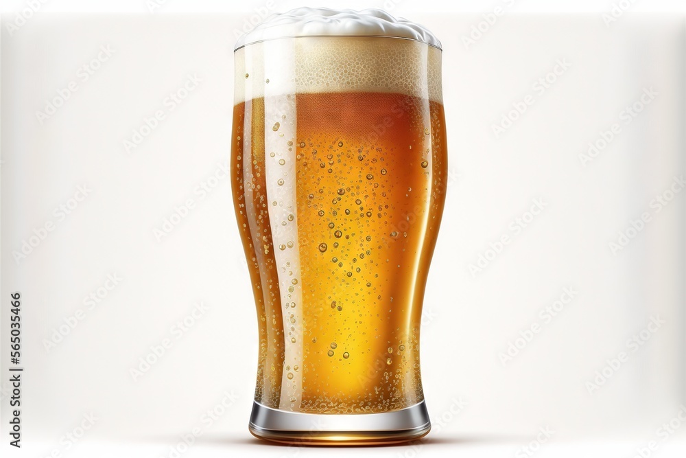 a glass of beer with a foamy foamy substance on the bottom of it, with a white background, is shown in a flat lay position. generative ai a glass of beer with a foamy foamy substance on the bottom of it, with a white background, is shown in a flat lay position. generative ai