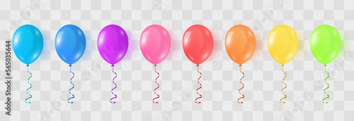Vector colorful balloons set isolated on png background. Realistic festive 3d helium balloons template for anniversary, Birthday party design. Vector illustration on transparent background