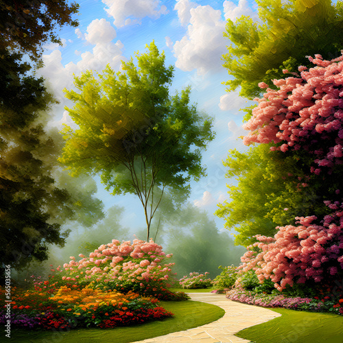 landscape with trees and flowers generative ai photo