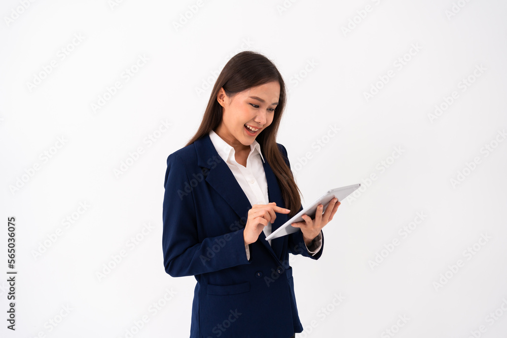 Portrait of happy young thoughtful Asian women think for new ideas and holding tablet on isolated white background. Concept of advertising marketing and product placement. Portrait of happy young thoughtful Asian women think for new ideas and holding tablet on isolated white background. Concept of advertising marketing and product placement.
