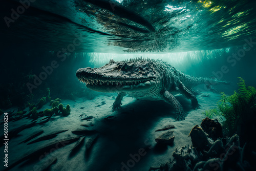 amazonian crocodile under crystal clear water