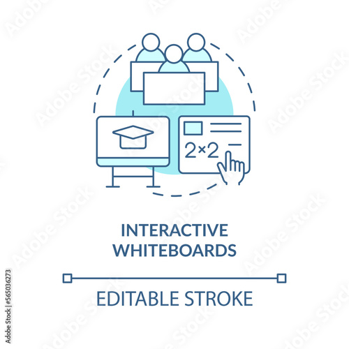 Interactive whiteboards turquoise concept icon. Educational application of ICT abstract idea thin line illustration. Isolated outline drawing. Editable stroke. Arial, Myriad Pro-Bold fonts used