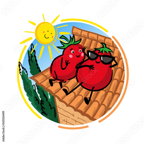 Sun-dried tomatoes. Sun, cypresses and two funny tomatoes sunbathe on a tiled roof. Label design. Cartoon style.