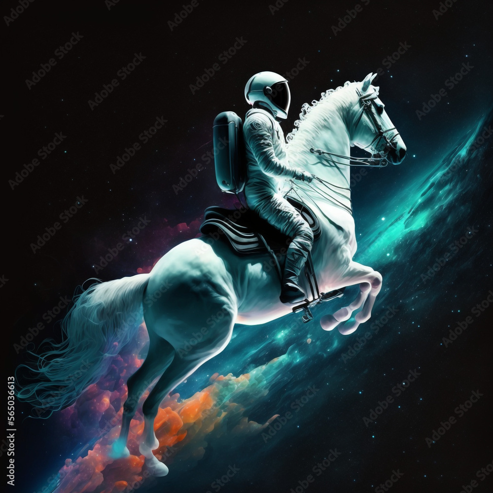 Generative ai astronaut riding horse animal in outer space cinematic ...