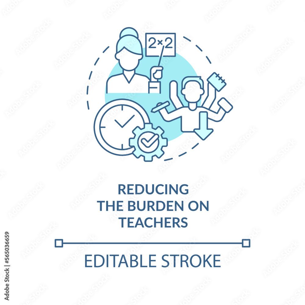 Reducing burden on teachers turquoise concept icon. ICT benefit in education abstract idea thin line illustration. Isolated outline drawing. Editable stroke. Arial, Myriad Pro-Bold fonts used