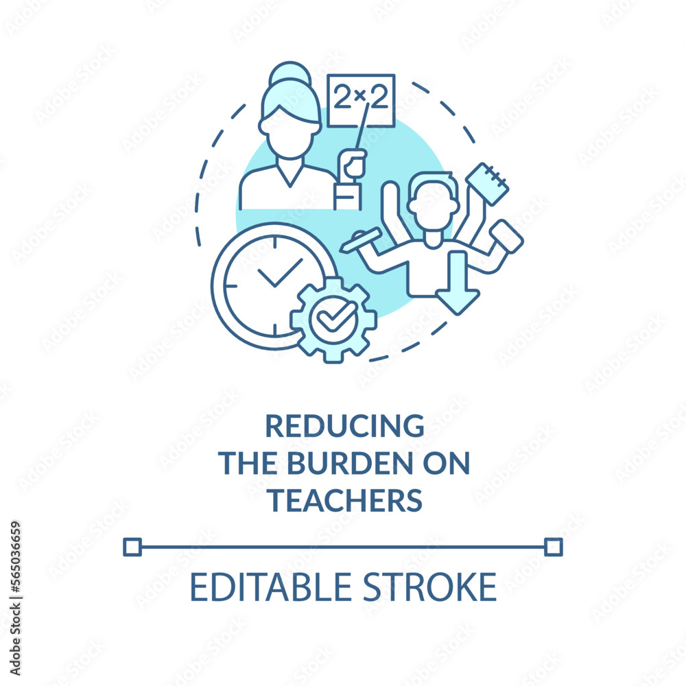 Reducing burden on teachers turquoise concept icon. ICT benefit in education abstract idea thin line illustration. Isolated outline drawing. Editable stroke. Arial, Myriad Pro-Bold fonts used Reducing burden on teachers turquoise concept icon. ICT benefit in education abstract idea thin line illustration. Isolated outline drawing. Editable stroke. Arial, Myriad Pro-Bold fonts used