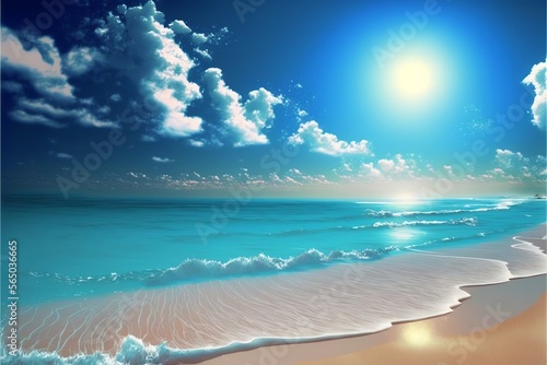 Beautiful beach with soft sand, turquoise ocean, green palm trees and blue sky with clouds on Sunny day. Summer tropical landscape. Generative AI