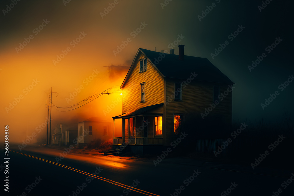 Obraz premium an old yellow house on the side of the street dramatic