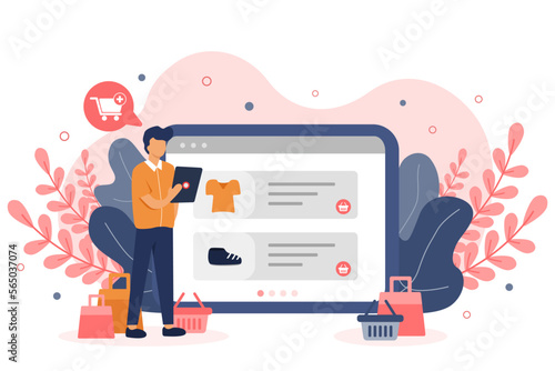 A man flat holding tablet for online shopping. Man worker flat vector illustration.
