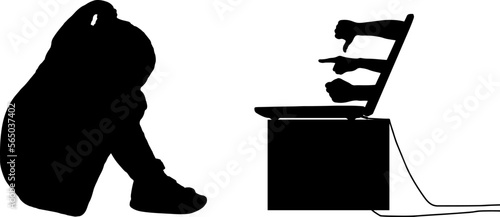 Girl baby crying sitting in front of a laptop, he shows her the hands of people with negative gestures and threats. Vector Silhouette