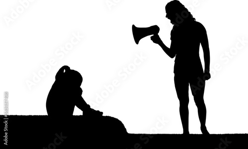 A little girl is crying and her mother is shouting at her into the loudspeaker. Vector Silhouette