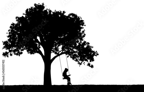 Silhouette Vector of a little girl reading a book sitting on a swing under a tree