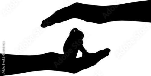 Little girl baby crying sitting in big hands. Vector Silhouette.