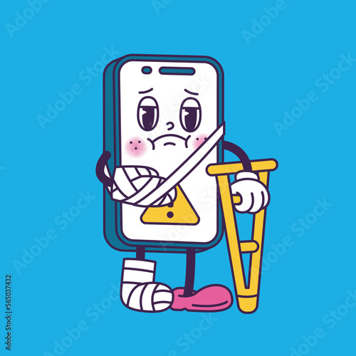 Broken sad phone in trendy groovy style.