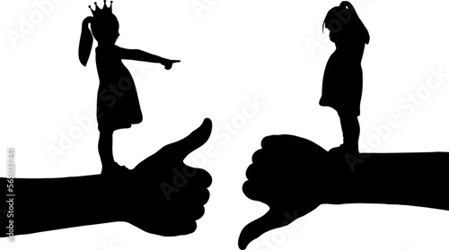 Bullying children Silhouette vector. Girl with a crown on her head points her finger at another crying girl