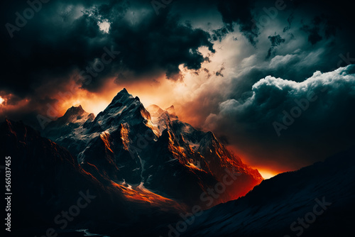 photo of a mountain range, with the sun breaking through the storm clouds © v.senkiv