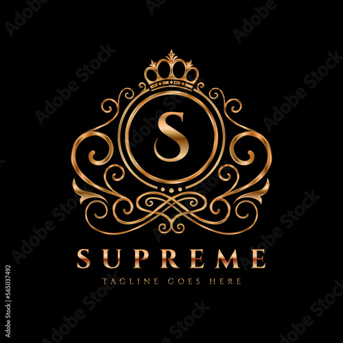 Luxury royal crest monogram logo. Elegant initial letter vector template. Vintage gold alphabet frame illustration. Invitation, wedding, label, restaurant, hotel, heraldic, jewelry identity designs.