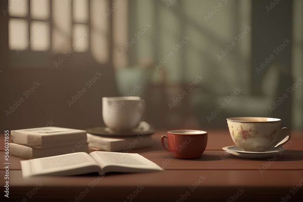 still life book and a cup of tea in the living room on a wooden table, the concept of coziness and interior - generative ai