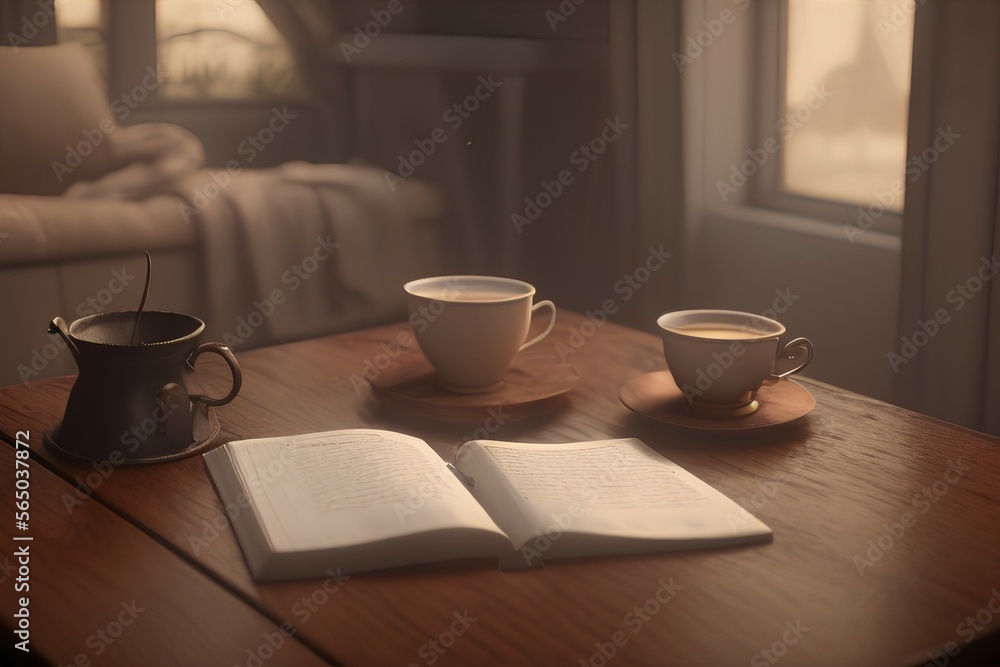 Obraz premium still life book and a cup of tea in the living room on a wooden table, the concept of coziness and interior - generative ai