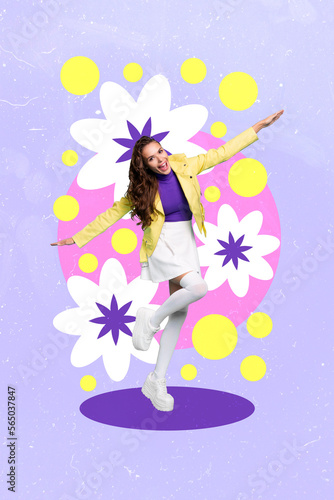 Exclusive magazine picture sketch collage image of happy smiling lady dancing having fun isolated painting background
