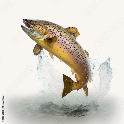 Beautiful leaping brown trout white background, generated by IA