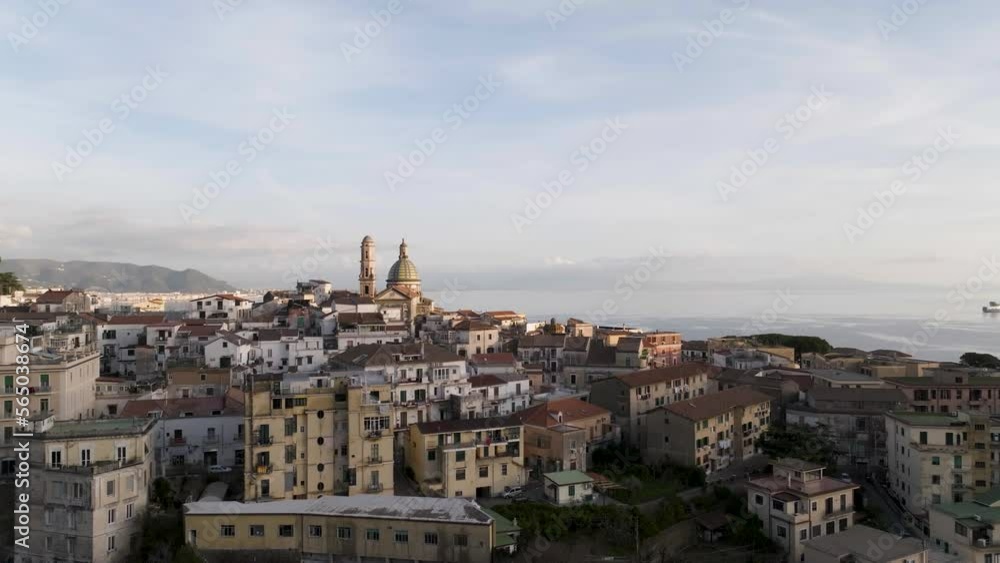 Salerno Italy Aerial over city towards Sea at Sunset Salerno Italy Aerial over city towards Sea at Sunset
