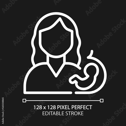 Prenatal care pixel perfect white linear icon for dark theme. Planning pregnancy. Mother and baby health screening. Thin line illustration. Isolated symbol for night mode. Editable stroke