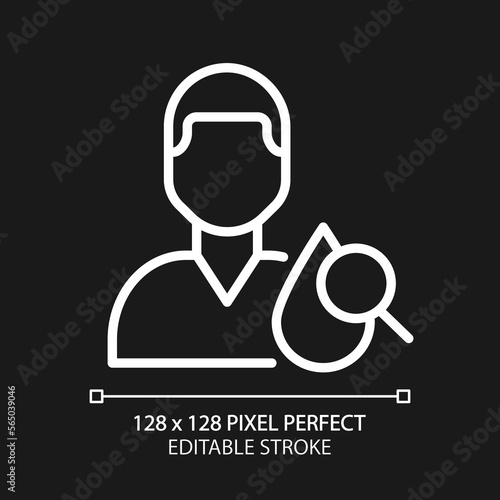 Hematology pixel perfect white linear icon for dark theme. Blood disorders prevention and treatment. Medical clinic service. Thin line illustration. Isolated symbol for night mode. Editable stroke