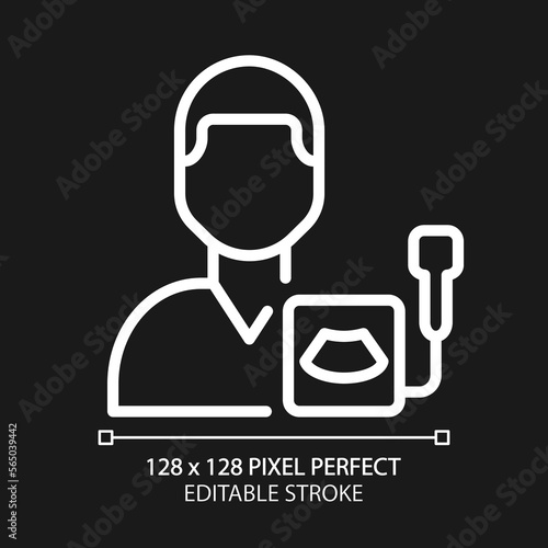 Diagnostic ultrasound pixel perfect white linear icon for dark theme. Sonogram technology. Diagnostics technique. Healthcare. Thin line illustration. Isolated symbol for night mode. Editable stroke