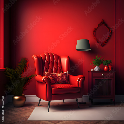 Cozy modern living room interior with Red armchair and decoration room on a Red or white wall background  © Coxbow Design