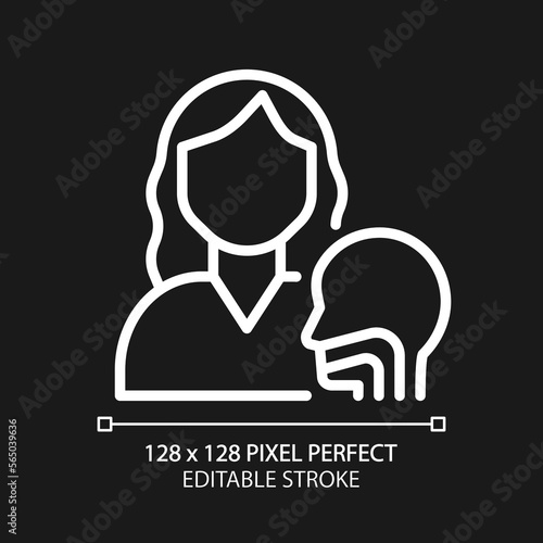 Otorhinolaryngology pixel perfect white linear icon for dark theme. Throat and nose diseases. Examination, treatment. Thin line illustration. Isolated symbol for night mode. Editable stroke
