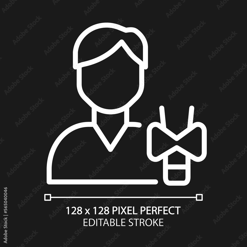 Endocrinology pixel perfect white linear icon for dark theme. Endocrine system. Thyroid gland disorders and treatment. Thin line illustration. Isolated symbol for night mode. Editable stroke Endocrinology pixel perfect white linear icon for dark theme. Endocrine system. Thyroid gland disorders and treatment. Thin line illustration. Isolated symbol for night mode. Editable stroke