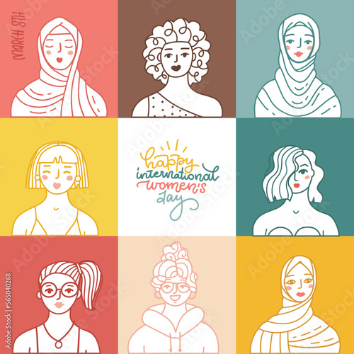International Womens Day greeting card. Linear womens portrait collection on color squares. Women of different nationalities. Feminism concept. White silhouettes. Girl power line art. Vector design.