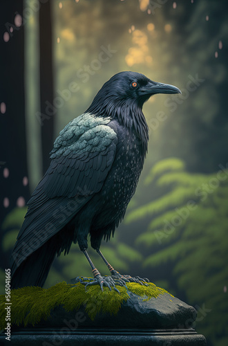 A proud raven sits on a stone in the forest. Generative AI. photo