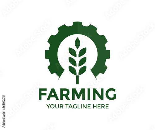 Farming Industry. Agriculture symbol with ears of wheat on an industrial gear or cog. Agriculture engineering, wheat with gear, food production vector design and illustration.
