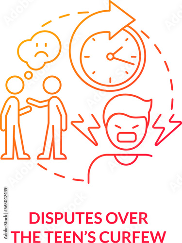 Disputes over teen curfew red gradient concept icon. Safety rules. Parent child conflict area abstract idea thin line illustration. Isolated outline drawing. Myriad Pro-Bold font used